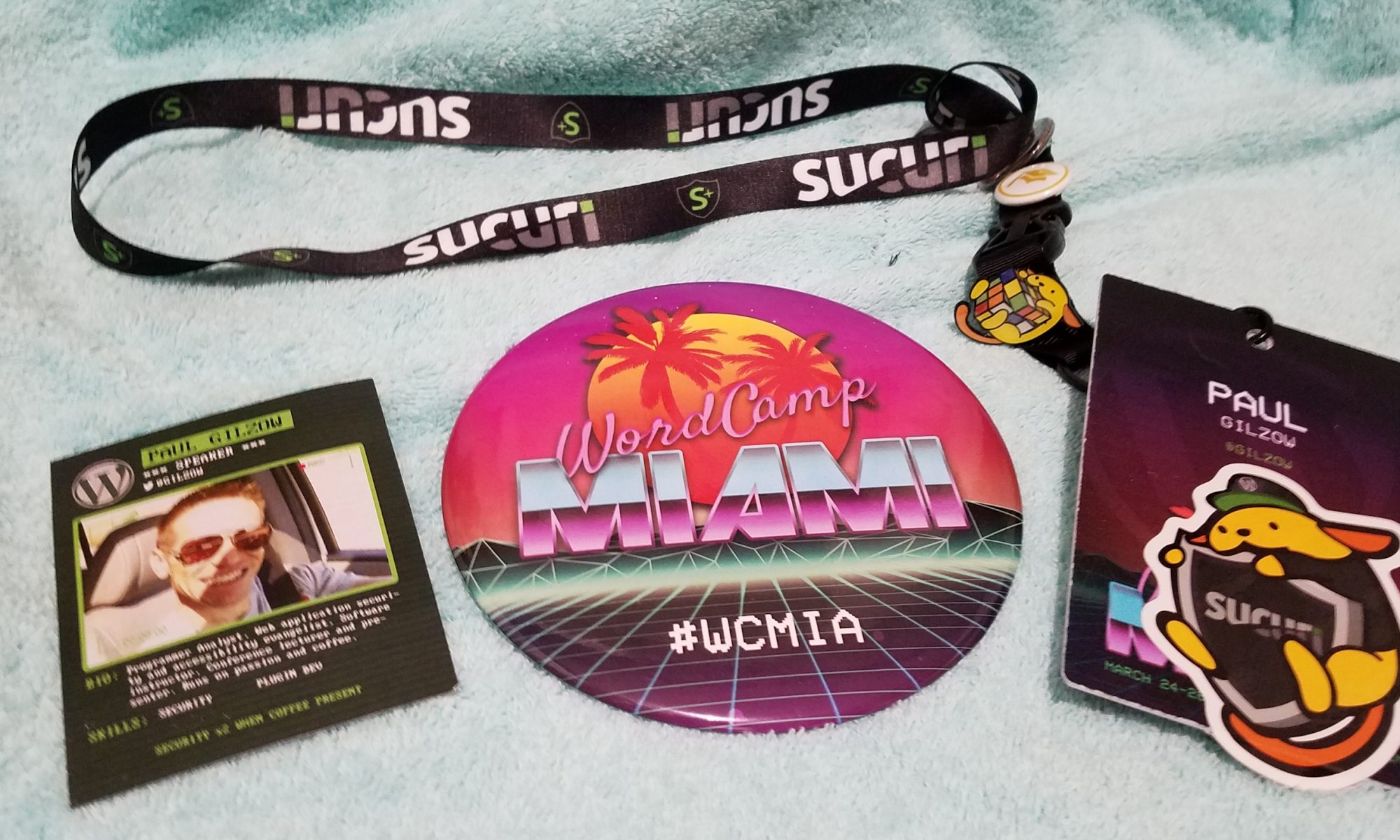 Speaker tag and card for WordCamp Miami 2017